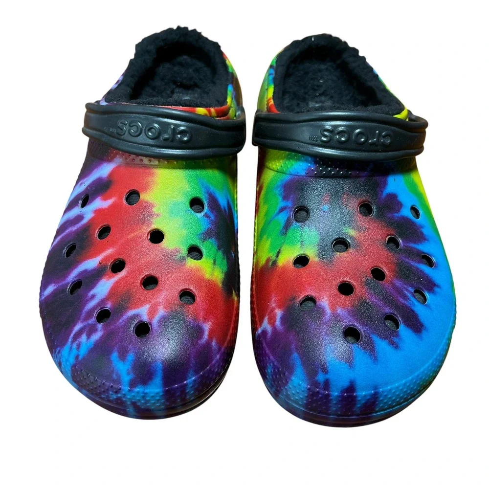 Crocs Classic Lined Clog Mens 12 Multi Tie Dye Faux Fur Lined Comfort Shoes